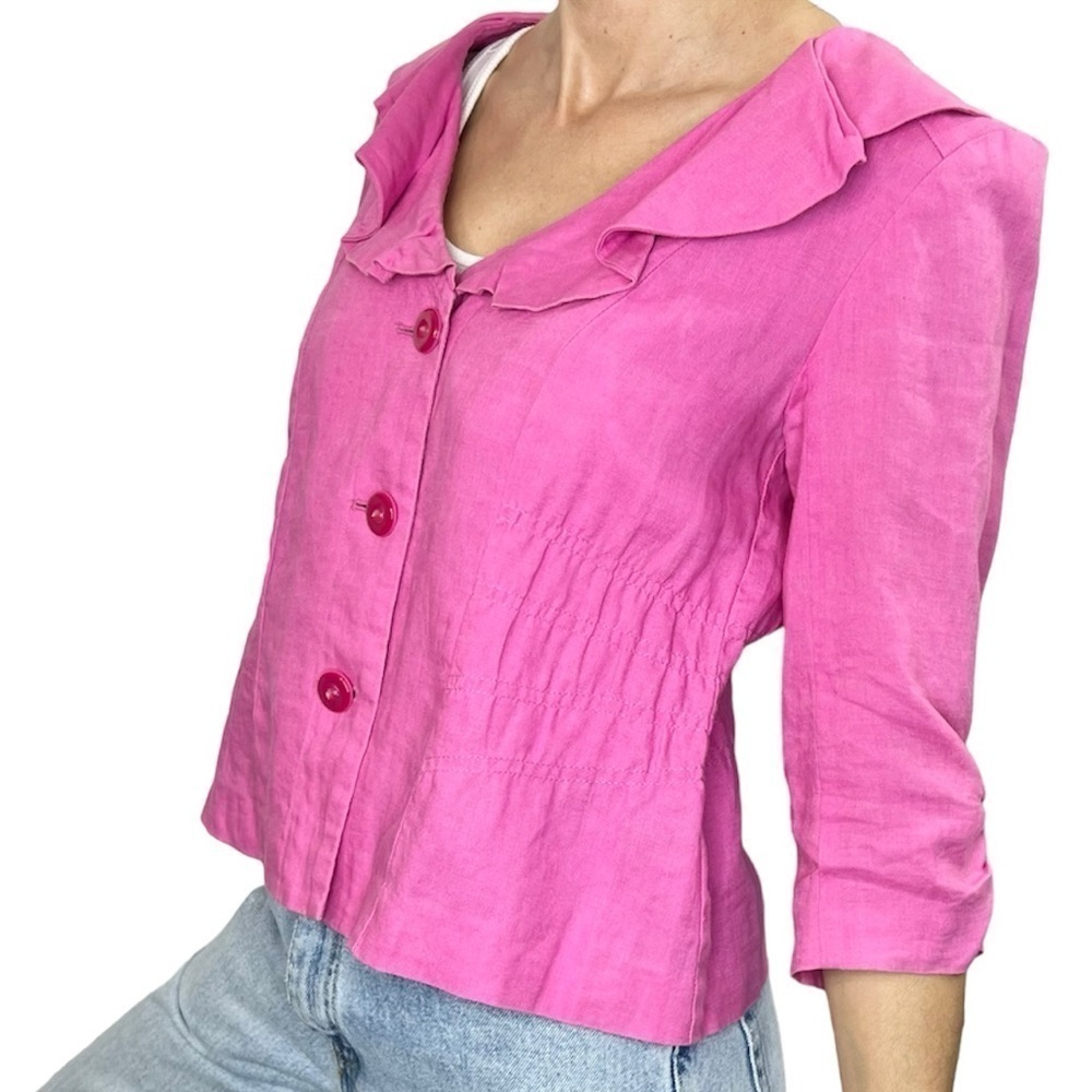 Laura Petites 100% linen pink 3/4 sleeve ruffle jacket 4P
